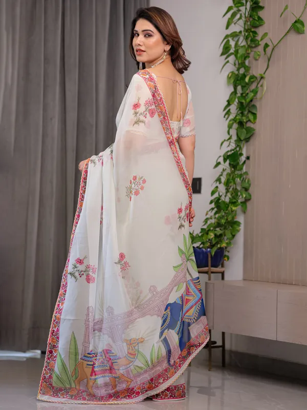 Ivory_White_Designer_Organza_Saree_with_Royal_Elephant_&_Camel_Motifs_|_Floral_Printed_Lightweight_Organza_Saree_with_Attached_Blouse_|_Festive_&_Ethnic_Wear_Saree