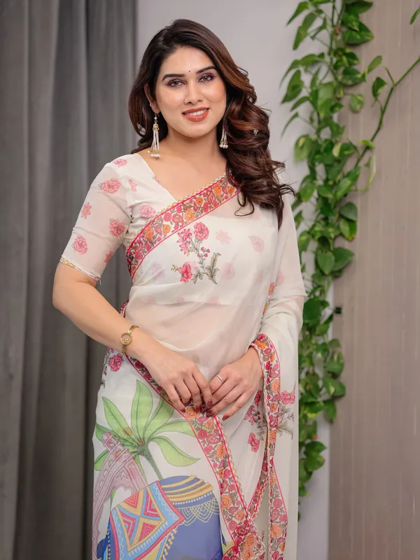 Ivory_White_Designer_Organza_Saree_with_Royal_Elephant_&_Camel_Motifs_|_Floral_Printed_Lightweight_Organza_Saree_with_Attached_Blouse_|_Festive_&_Ethnic_Wear_Saree