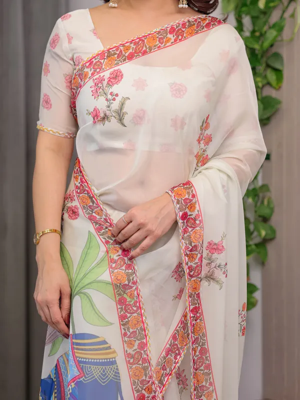Ivory_White_Designer_Organza_Saree_with_Royal_Elephant_&_Camel_Motifs_|_Floral_Printed_Lightweight_Organza_Saree_with_Attached_Blouse_|_Festive_&_Ethnic_Wear_Saree