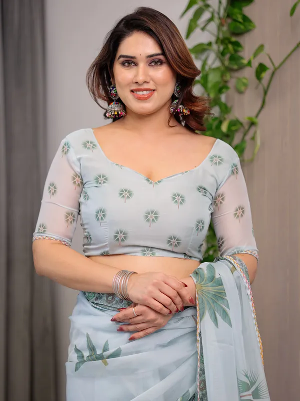 Pastel_Mint_Green_Printed_Organza_Saree_with_Tropical_Leaf_Motifs_|_Designer_Lightweight_Sheer_Organza_Saree_with_Attached_Blouse_Piece_|_Elegant_Festive_&_Day_Party_Saree