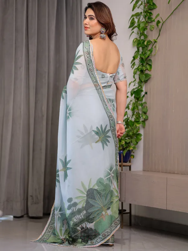 Pastel_Mint_Green_Printed_Organza_Saree_with_Tropical_Leaf_Motifs_|_Designer_Lightweight_Sheer_Organza_Saree_with_Attached_Blouse_Piece_|_Elegant_Festive_&_Day_Party_Saree