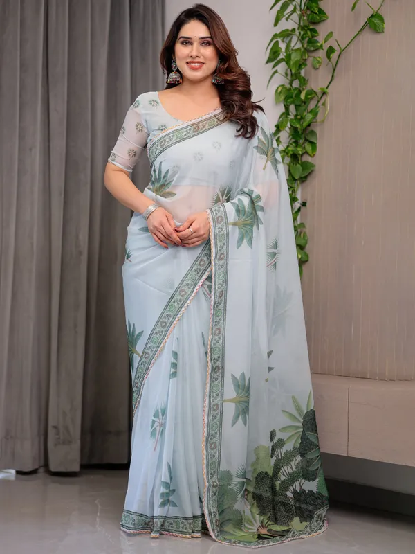 Pastel_Mint_Green_Printed_Organza_Saree_with_Tropical_Leaf_Motifs_|_Designer_Lightweight_Sheer_Organza_Saree_with_Attached_Blouse_Piece_|_Elegant_Festive_&_Day_Party_Saree