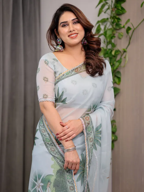 Pastel_Mint_Green_Printed_Organza_Saree_with_Tropical_Leaf_Motifs_|_Designer_Lightweight_Sheer_Organza_Saree_with_Attached_Blouse_Piece_|_Elegant_Festive_&_Day_Party_Saree
