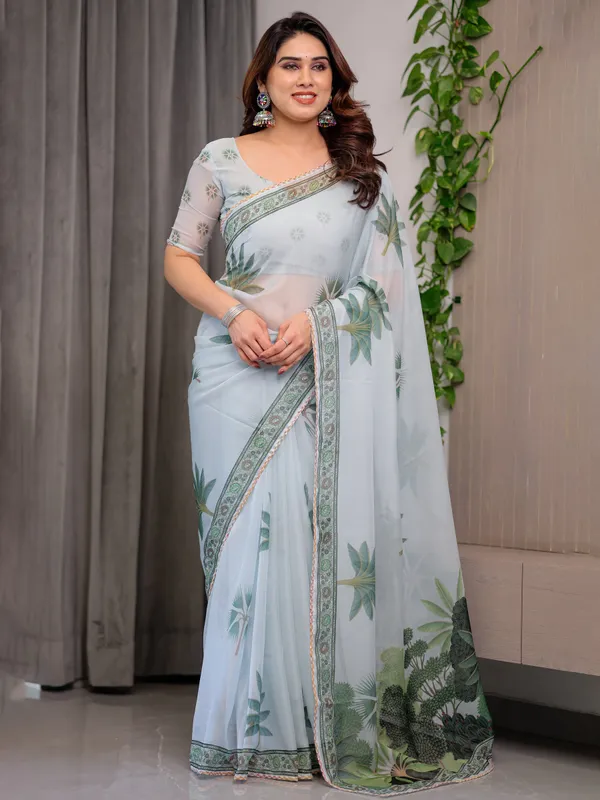 Pastel_Mint_Green_Printed_Organza_Saree_with_Tropical_Leaf_Motifs_|_Designer_Lightweight_Sheer_Organza_Saree_with_Attached_Blouse_Piece_|_Elegant_Festive_&_Day_Party_Saree