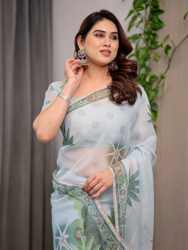 Pastel_Mint_Green_Printed_Organza_Saree_with_Tropical_Leaf_Motifs_|_Designer_Lightweight_Sheer_Organza_Saree_with_Attached_Blouse_Piece_|_Elegant_Festive_&_Day_Party_Saree