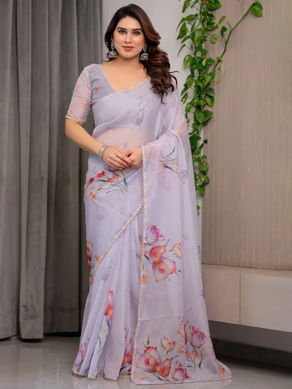 Lavender_Grey_Floral_Printed_Organza_Saree_with_Tulip_Motifs_|_Designer_Lightweight_Sheer_Organza_Saree_with_Attached_Blouse_Piece_|_Elegant_Festive_&_Party_Wear_Saree
