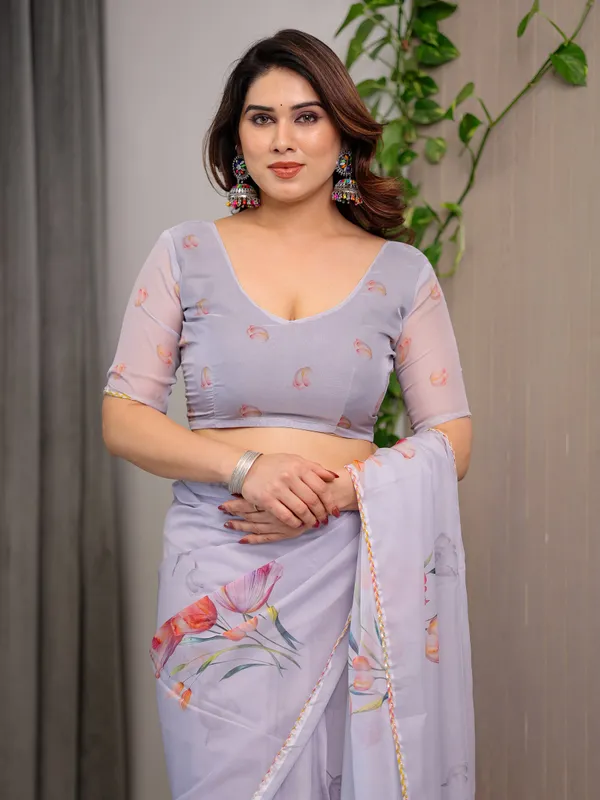 Lavender_Grey_Floral_Printed_Organza_Saree_with_Tulip_Motifs_|_Designer_Lightweight_Sheer_Organza_Saree_with_Attached_Blouse_Piece_|_Elegant_Festive_&_Party_Wear_Saree