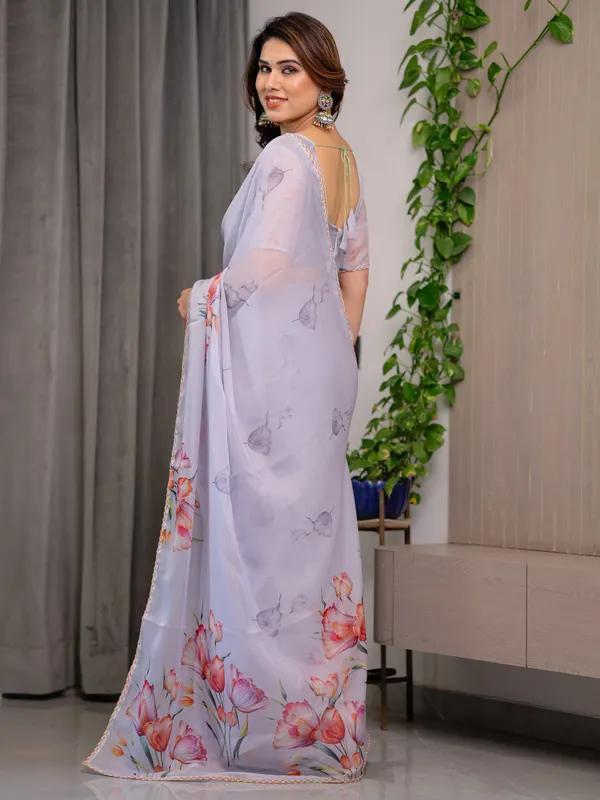 Lavender_Grey_Floral_Printed_Organza_Saree_with_Tulip_Motifs_|_Designer_Lightweight_Sheer_Organza_Saree_with_Attached_Blouse_Piece_|_Elegant_Festive_&_Party_Wear_Saree