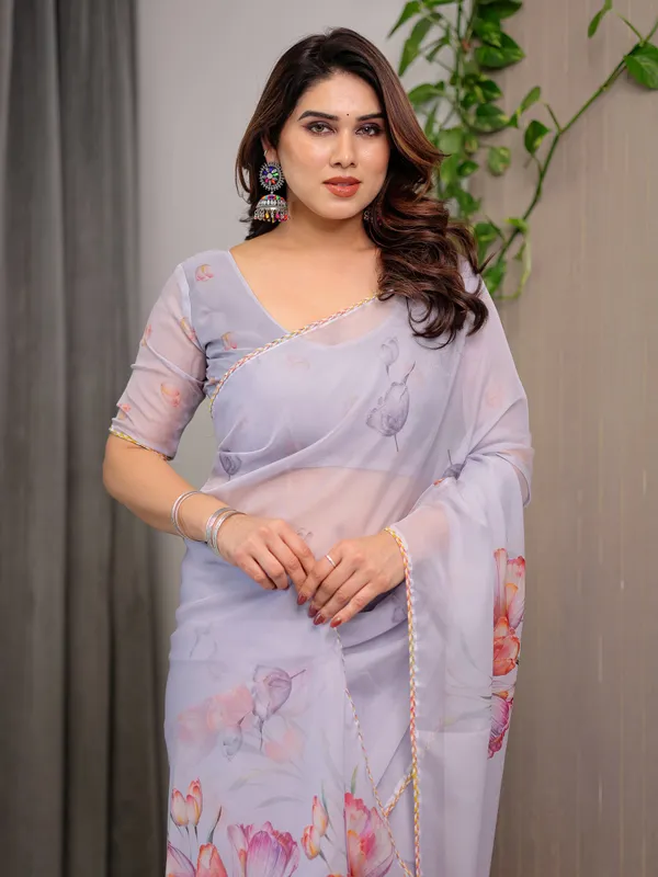 Lavender_Grey_Floral_Printed_Organza_Saree_with_Tulip_Motifs_|_Designer_Lightweight_Sheer_Organza_Saree_with_Attached_Blouse_Piece_|_Elegant_Festive_&_Party_Wear_Saree