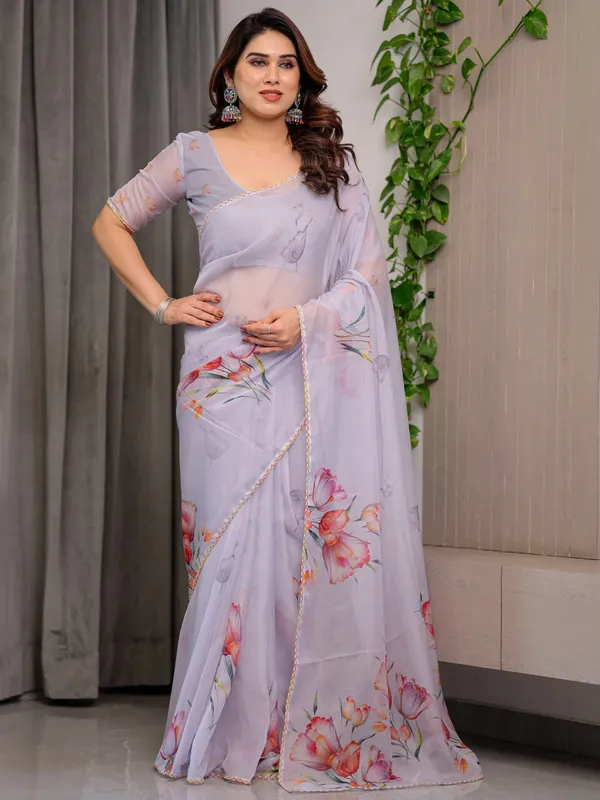Lavender_Grey_Floral_Printed_Organza_Saree_with_Tulip_Motifs_|_Designer_Lightweight_Sheer_Organza_Saree_with_Attached_Blouse_Piece_|_Elegant_Festive_&_Party_Wear_Saree