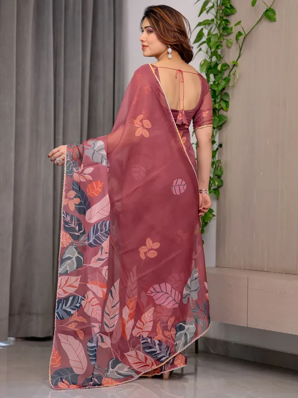Rust_Wine_Printed_Organza_Saree_with_Tropical_Leaf_Border_|_Designer_Lightweight_Sheer_Organza_Saree_with_Botanical_Prints_&_Attached_Blouse_Piece_|_Elegant_Festive_&_Party_Wear_Saree