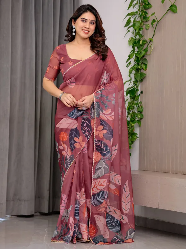 Rust_Wine_Printed_Organza_Saree_with_Tropical_Leaf_Border_|_Designer_Lightweight_Sheer_Organza_Saree_with_Botanical_Prints_&_Attached_Blouse_Piece_|_Elegant_Festive_&_Party_Wear_Saree