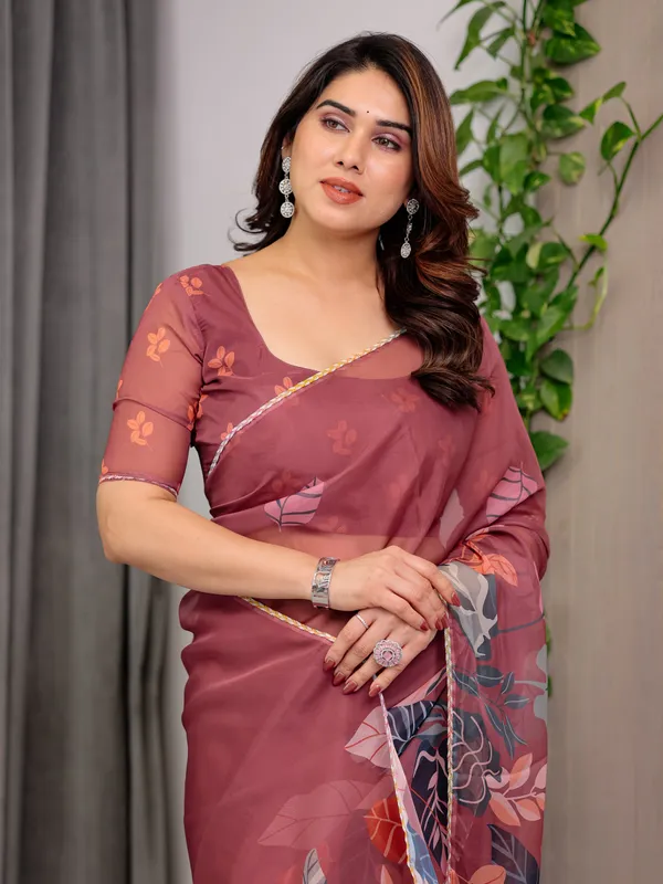 Rust_Wine_Printed_Organza_Saree_with_Tropical_Leaf_Border_|_Designer_Lightweight_Sheer_Organza_Saree_with_Botanical_Prints_&_Attached_Blouse_Piece_|_Elegant_Festive_&_Party_Wear_Saree