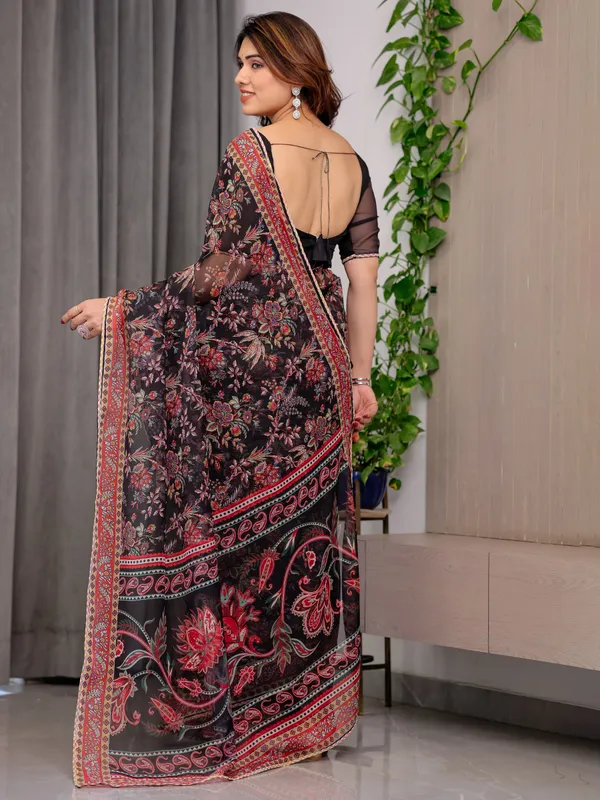 Black_Designer_Floral_Printed_Organza_Saree_with_Traditional_Paisley_Border_|_Lightweight_Sheer_Organza_Saree_with_Ethnic_Motifs_&_Attached_Blouse_Piece_|_Festive_&_Party_Wear_Saree
