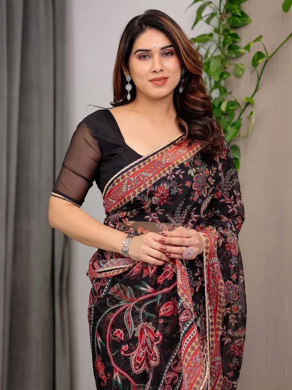 Black_Designer_Floral_Printed_Organza_Saree_with_Traditional_Paisley_Border_|_Lightweight_Sheer_Organza_Saree_with_Ethnic_Motifs_&_Attached_Blouse_Piece_|_Festive_&_Party_Wear_Saree