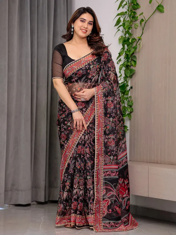 Black_Designer_Floral_Printed_Organza_Saree_with_Traditional_Paisley_Border_|_Lightweight_Sheer_Organza_Saree_with_Ethnic_Motifs_&_Attached_Blouse_Piece_|_Festive_&_Party_Wear_Saree