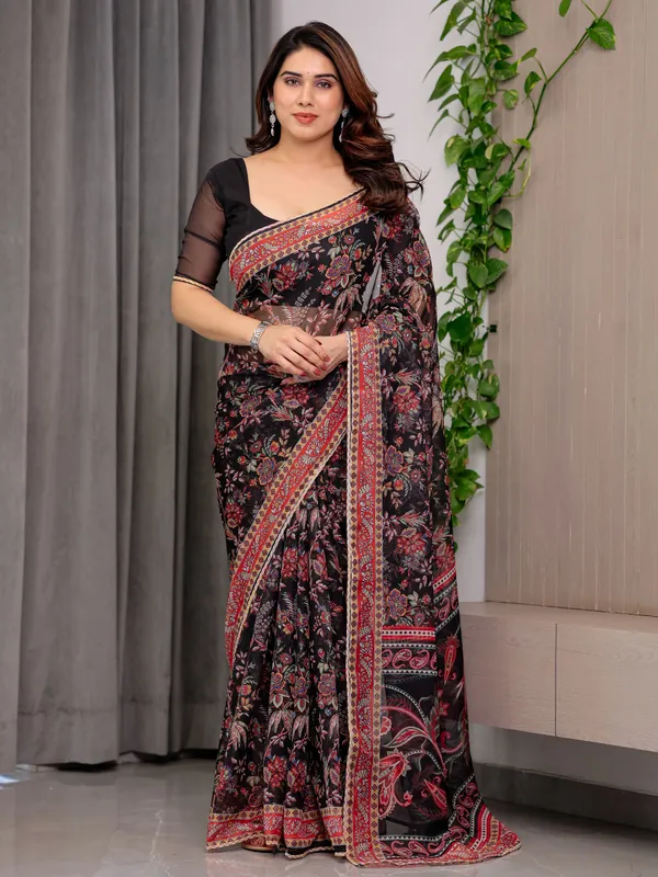 Black_Designer_Floral_Printed_Organza_Saree_with_Traditional_Paisley_Border_|_Lightweight_Sheer_Organza_Saree_with_Ethnic_Motifs_&_Attached_Blouse_Piece_|_Festive_&_Party_Wear_Saree