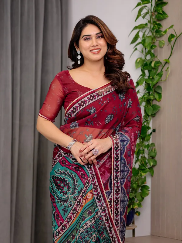 Wine_Red_Designer_Printed_Organza_Saree_with_Multicolor_Ethnic_Paisley_Border_|_Lightweight_Floral_Printed_Party_Wear_Saree_with_Attached_Blouse_Piece_|_Festive_&_Wedding_Wear_Saree