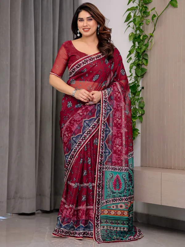 Wine_Red_Designer_Printed_Organza_Saree_with_Multicolor_Ethnic_Paisley_Border_|_Lightweight_Floral_Printed_Party_Wear_Saree_with_Attached_Blouse_Piece_|_Festive_&_Wedding_Wear_Saree