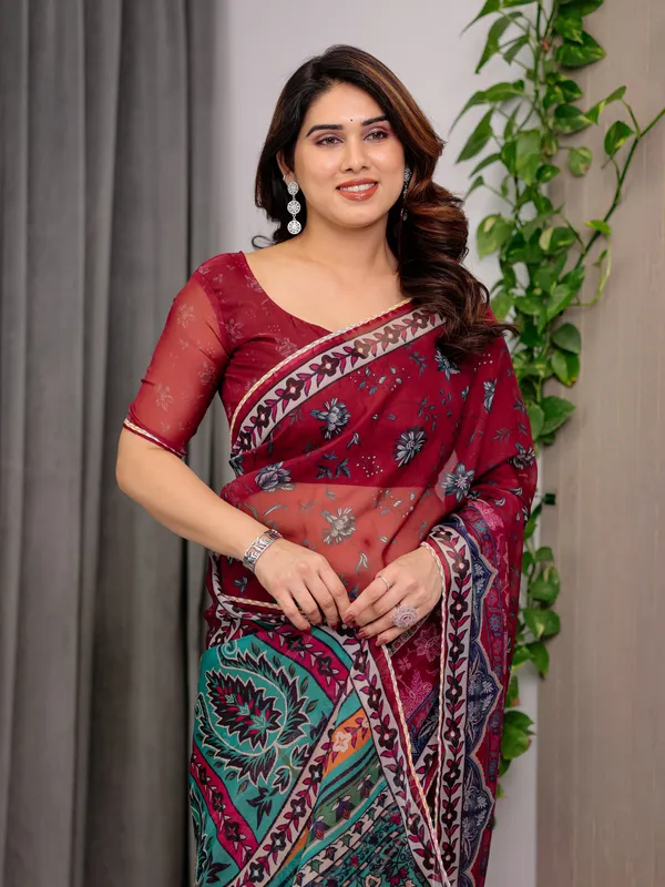 Wine_Red_Designer_Printed_Organza_Saree_with_Multicolor_Ethnic_Paisley_Border_|_Lightweight_Floral_Printed_Party_Wear_Saree_with_Attached_Blouse_Piece_|_Festive_&_Wedding_Wear_Saree