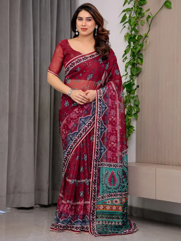 Wine_Red_Designer_Printed_Organza_Saree_with_Multicolor_Ethnic_Paisley_Border_|_Lightweight_Floral_Printed_Party_Wear_Saree_with_Attached_Blouse_Piece_|_Festive_&_Wedding_Wear_Saree