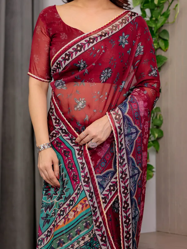 Wine_Red_Designer_Printed_Organza_Saree_with_Multicolor_Ethnic_Paisley_Border_|_Lightweight_Floral_Printed_Party_Wear_Saree_with_Attached_Blouse_Piece_|_Festive_&_Wedding_Wear_Saree