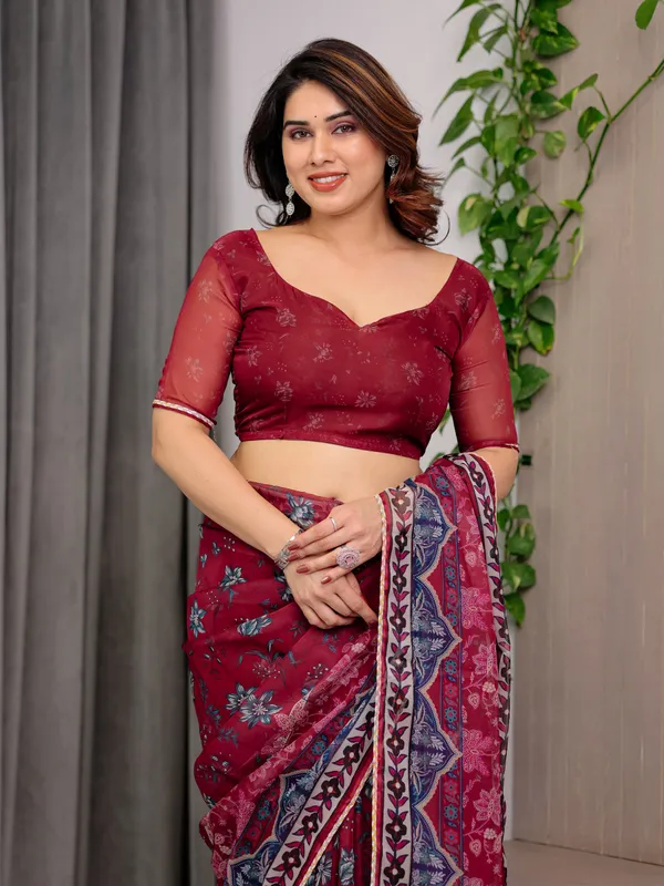 Wine_Red_Designer_Printed_Organza_Saree_with_Multicolor_Ethnic_Paisley_Border_|_Lightweight_Floral_Printed_Party_Wear_Saree_with_Attached_Blouse_Piece_|_Festive_&_Wedding_Wear_Saree