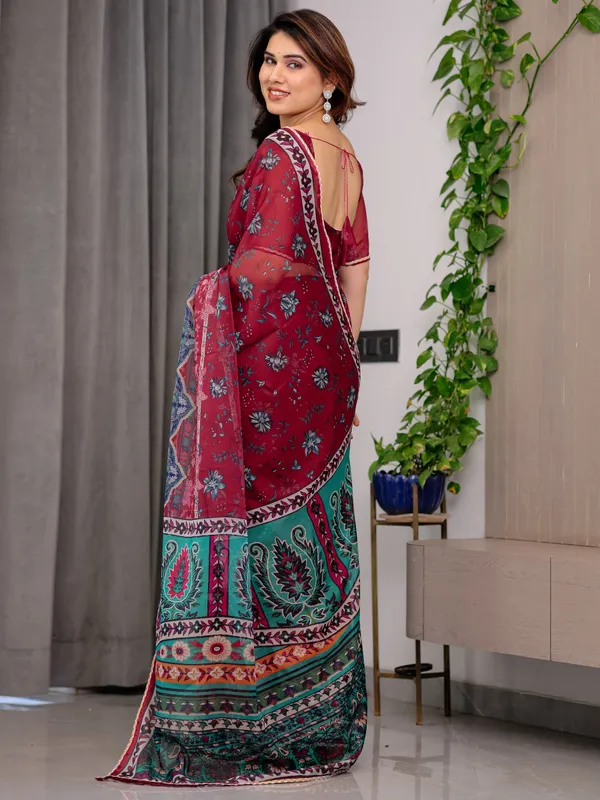 Wine_Red_Designer_Printed_Organza_Saree_with_Multicolor_Ethnic_Paisley_Border_|_Lightweight_Floral_Printed_Party_Wear_Saree_with_Attached_Blouse_Piece_|_Festive_&_Wedding_Wear_Saree