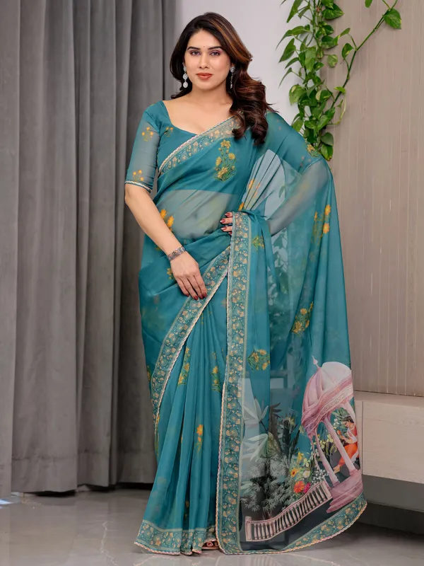 Teal_Green_Scenic_Printed_Organza_Saree_with_Garden_Pavilion_Artwork_Pallu_|_Designer_Lightweight_Organza_Saree_with_Floral_Motifs_&_Decorative_Border_|_Festive_&_Party_Wear_Saree_with_Blouse_Piece
