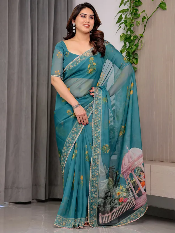 Teal_Green_Scenic_Printed_Organza_Saree_with_Garden_Pavilion_Artwork_Pallu_|_Designer_Lightweight_Organza_Saree_with_Floral_Motifs_&_Decorative_Border_|_Festive_&_Party_Wear_Saree_with_Blouse_Piece