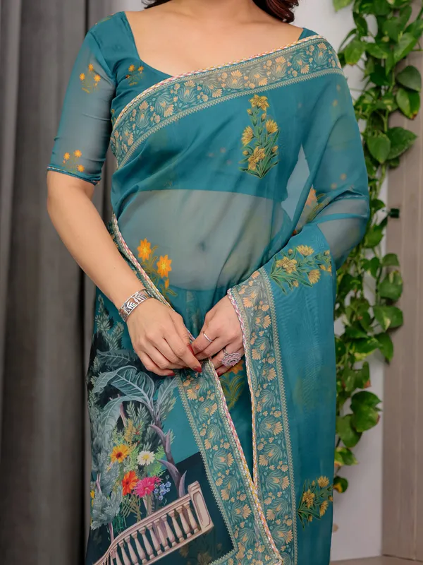 Teal_Green_Scenic_Printed_Organza_Saree_with_Garden_Pavilion_Artwork_Pallu_|_Designer_Lightweight_Organza_Saree_with_Floral_Motifs_&_Decorative_Border_|_Festive_&_Party_Wear_Saree_with_Blouse_Piece