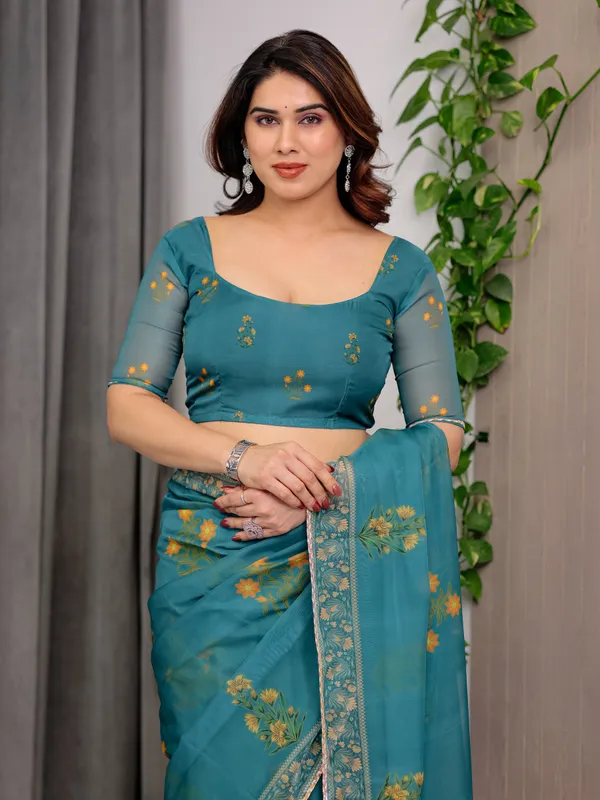 Teal_Green_Scenic_Printed_Organza_Saree_with_Garden_Pavilion_Artwork_Pallu_|_Designer_Lightweight_Organza_Saree_with_Floral_Motifs_&_Decorative_Border_|_Festive_&_Party_Wear_Saree_with_Blouse_Piece