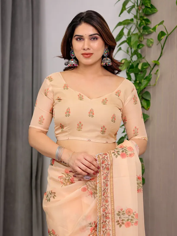 Peach_Beige_Scenic_Printed_Organza_Saree_with_Royal_Garden_Palace_Artwork_Pallu_|_Designer_Lightweight_Organza_Saree_with_Floral_Border_&_Matching_Blouse_Piece_|_Festive_&_Party_Wear_Saree