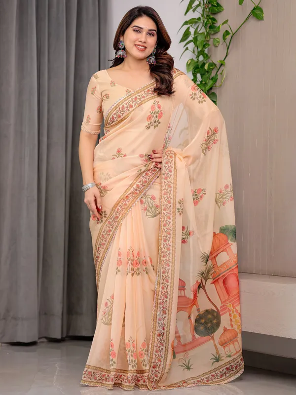 Peach_Beige_Scenic_Printed_Organza_Saree_with_Royal_Garden_Palace_Artwork_Pallu_|_Designer_Lightweight_Organza_Saree_with_Floral_Border_&_Matching_Blouse_Piece_|_Festive_&_Party_Wear_Saree