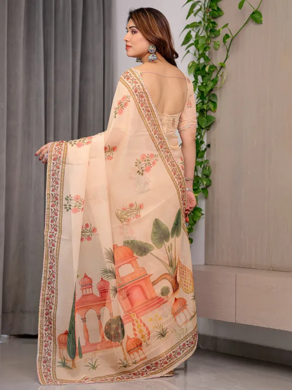 Peach_Beige_Scenic_Printed_Organza_Saree_with_Royal_Garden_Palace_Artwork_Pallu_|_Designer_Lightweight_Organza_Saree_with_Floral_Border_&_Matching_Blouse_Piece_|_Festive_&_Party_Wear_Saree
