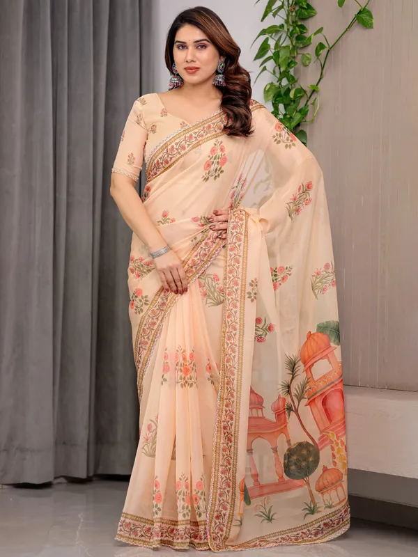 Peach_Beige_Scenic_Printed_Organza_Saree_with_Royal_Garden_Palace_Artwork_Pallu_|_Designer_Lightweight_Organza_Saree_with_Floral_Border_&_Matching_Blouse_Piece_|_Festive_&_Party_Wear_Saree