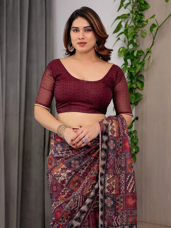 Maroon_Tribal_Geometric_Printed_Organza_Saree_with_Kalamkari_Inspired_Pallu_|_Designer_Ethnic_Patchwork_Style_Organza_Saree_with_Attached_Blouse_Piece_|_Festive_&_Party_Wear_Saree