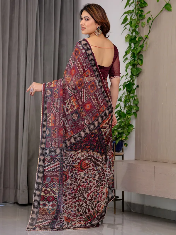 Maroon_Tribal_Geometric_Printed_Organza_Saree_with_Kalamkari_Inspired_Pallu_|_Designer_Ethnic_Patchwork_Style_Organza_Saree_with_Attached_Blouse_Piece_|_Festive_&_Party_Wear_Saree