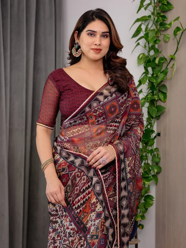 Maroon_Tribal_Geometric_Printed_Organza_Saree_with_Kalamkari_Inspired_Pallu_|_Designer_Ethnic_Patchwork_Style_Organza_Saree_with_Attached_Blouse_Piece_|_Festive_&_Party_Wear_Saree