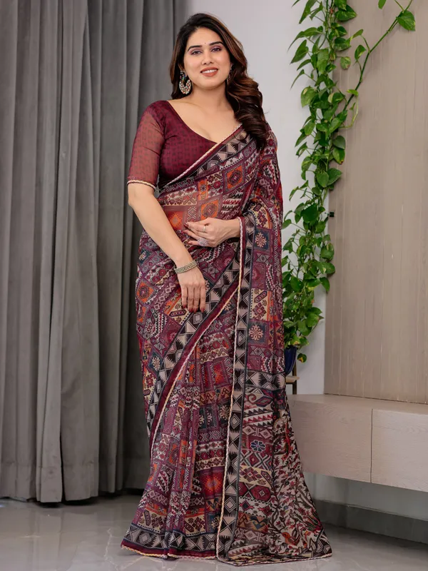 Maroon_Tribal_Geometric_Printed_Organza_Saree_with_Kalamkari_Inspired_Pallu_|_Designer_Ethnic_Patchwork_Style_Organza_Saree_with_Attached_Blouse_Piece_|_Festive_&_Party_Wear_Saree