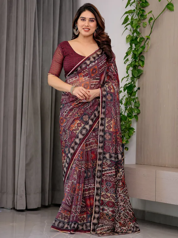 Maroon_Tribal_Geometric_Printed_Organza_Saree_with_Kalamkari_Inspired_Pallu_|_Designer_Ethnic_Patchwork_Style_Organza_Saree_with_Attached_Blouse_Piece_|_Festive_&_Party_Wear_Saree