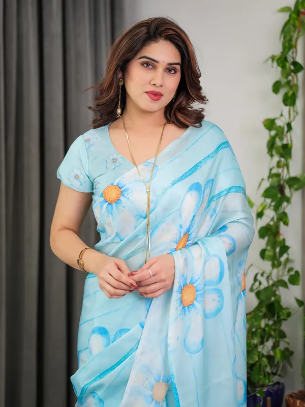 Sky_Blue_Satin_Georgette_Floral_Printed_Saree_with_Attached_Blouse_–_Lightweight_Designer_Drape_for_Festive_&_Everyday_Elegance