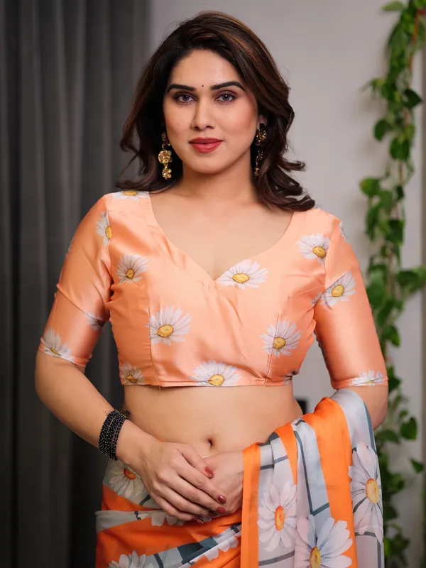 Orange_Satin_Georgette_Floral_Printed_Saree_with_Attached_Blouse_–_Lightweight_Daisy_Print_Designer_Saree_for_Festive_&_Casual_Elegance