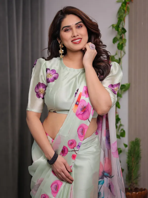 Mint_Green_Satin_Georgette_Floral_Printed_Saree_with_Attached_Blouse_–_Soft_Pastel_Designer_Saree_with_Watercolor_Bloom_Detailing