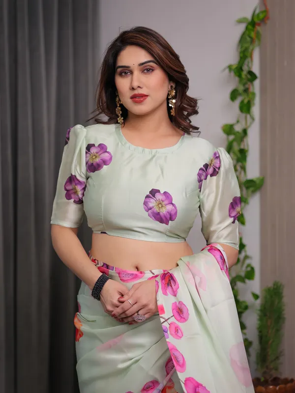 Mint_Green_Satin_Georgette_Floral_Printed_Saree_with_Attached_Blouse_–_Soft_Pastel_Designer_Saree_with_Watercolor_Bloom_Detailing
