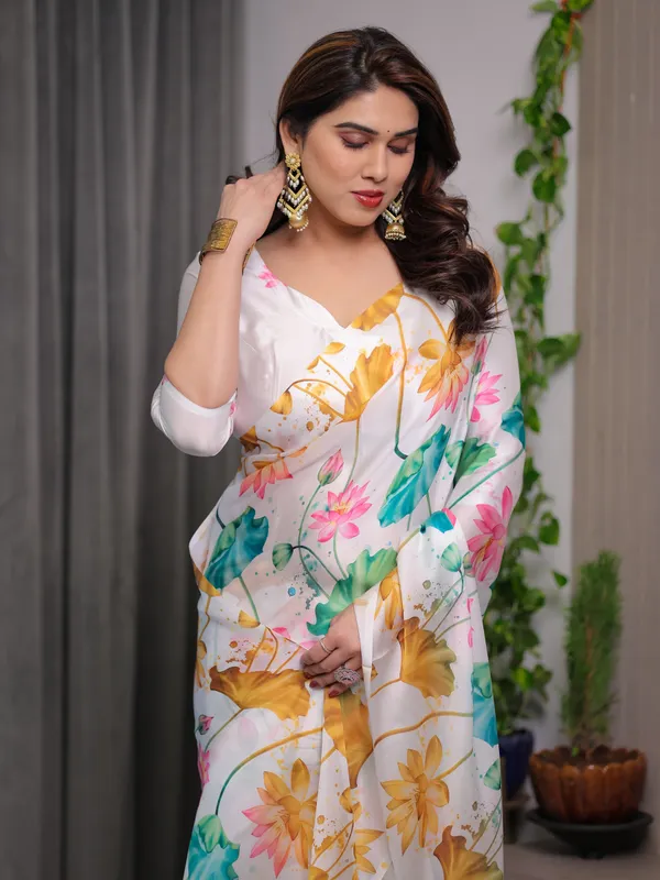 White_Satin_Georgette_Lotus_Floral_Printed_Saree_with_Attached_Blouse_–_Elegant_Watercolor_Designer_Saree_for_Festive_&_Graceful_Occasions
