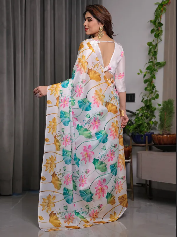 White_Satin_Georgette_Lotus_Floral_Printed_Saree_with_Attached_Blouse_–_Elegant_Watercolor_Designer_Saree_for_Festive_&_Graceful_Occasions