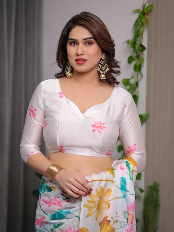 White_Satin_Georgette_Lotus_Floral_Printed_Saree_with_Attached_Blouse_–_Elegant_Watercolor_Designer_Saree_for_Festive_&_Graceful_Occasions