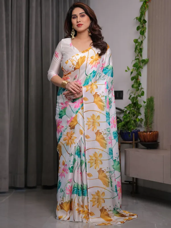 White_Satin_Georgette_Lotus_Floral_Printed_Saree_with_Attached_Blouse_–_Elegant_Watercolor_Designer_Saree_for_Festive_&_Graceful_Occasions
