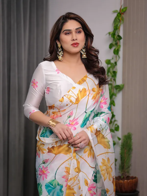 White_Satin_Georgette_Lotus_Floral_Printed_Saree_with_Attached_Blouse_–_Elegant_Watercolor_Designer_Saree_for_Festive_&_Graceful_Occasions